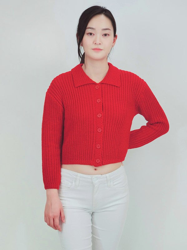 Women Button Down Vintage Crop Sweater Cardigan w/Collar | Zarnesh