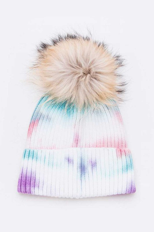 Women Raccoon Fur Pom Tie Dyed Cotton Blend Beanie | Zarnesh