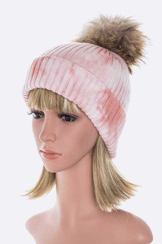 Women Raccoon Fur Pom Tie Dyed Cotton Blend Beanie | Zarnesh