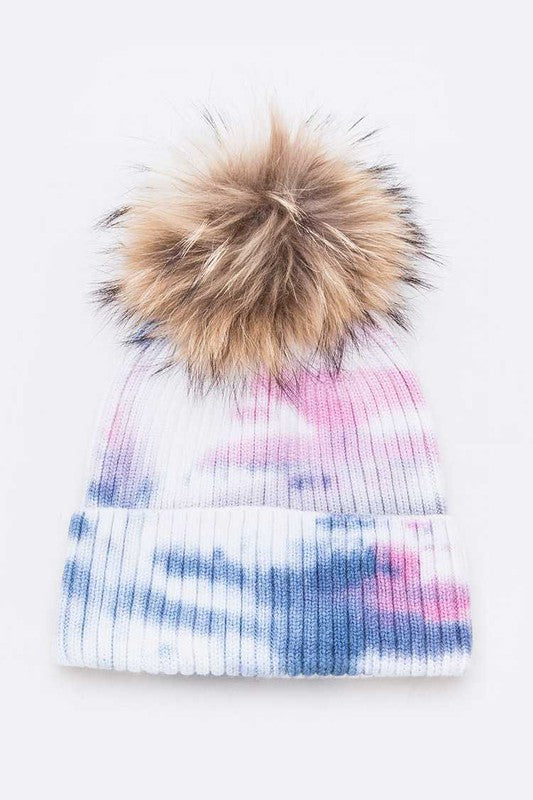 Women Raccoon Fur Pom Tie Dyed Cotton Blend Beanie | Zarnesh