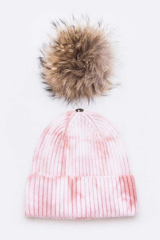 Women Raccoon Fur Pom Tie Dyed Cotton Blend Beanie | Zarnesh