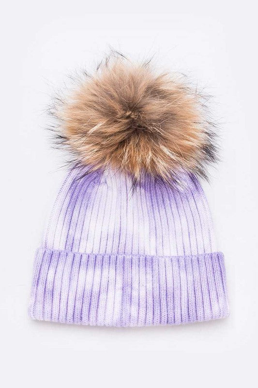 Women Raccoon Fur Pom Tie Dyed Cotton Blend Beanie | Zarnesh