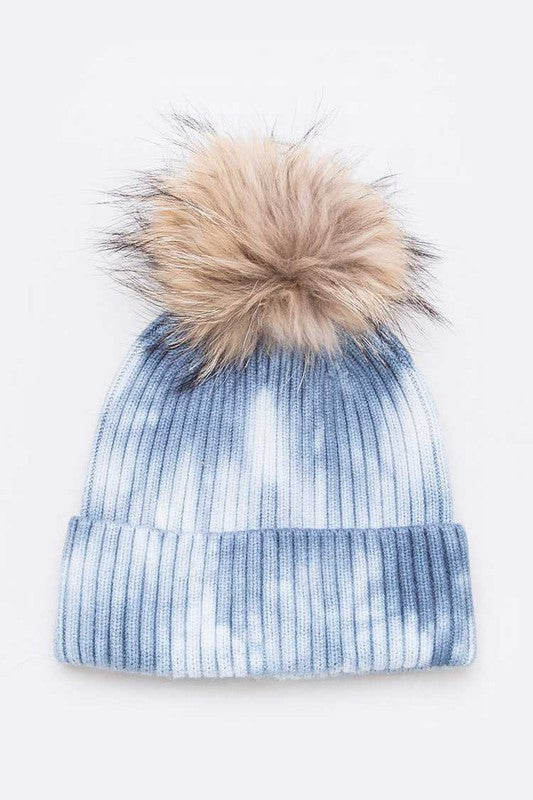 Women Raccoon Fur Pom Tie Dyed Cotton Blend Beanie | Zarnesh