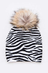 Women Mix Print Raccoon Fur Pom Iconic Beanie | Zarnesh