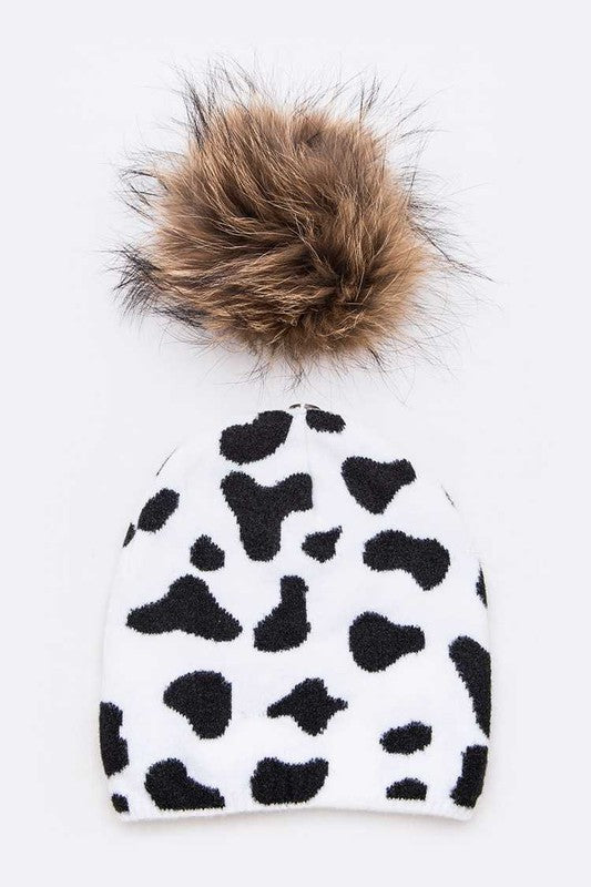 Women Mix Print Raccoon Fur Pom Iconic Beanie | Zarnesh