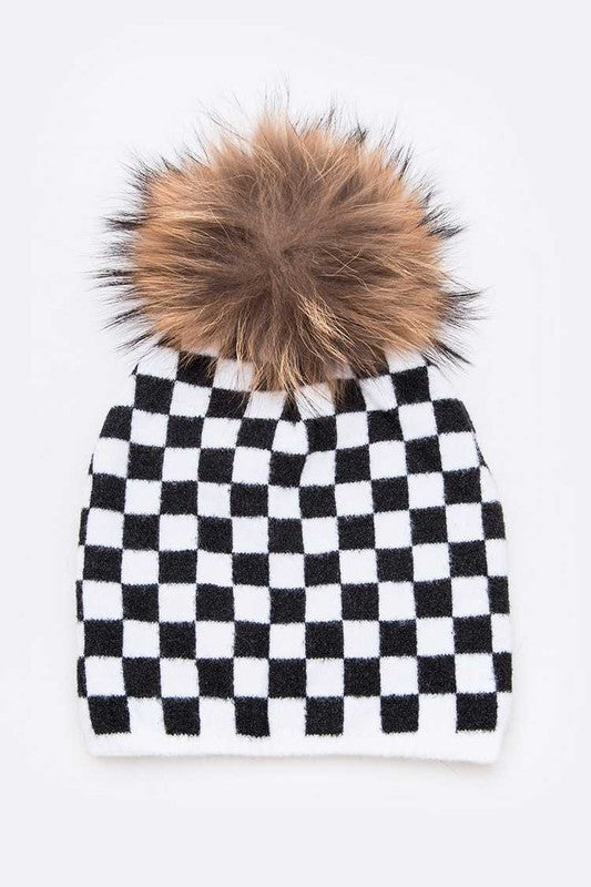 Women Mix Print Raccoon Fur Pom Iconic Beanie | Zarnesh