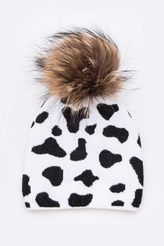 Women Mix Print Raccoon Fur Pom Iconic Beanie | Zarnesh