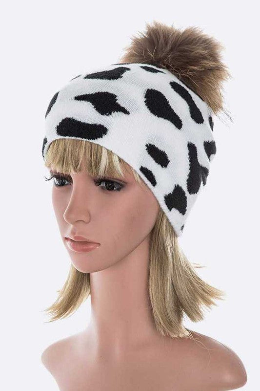 Women Mix Print Raccoon Fur Pom Iconic Beanie | Zarnesh