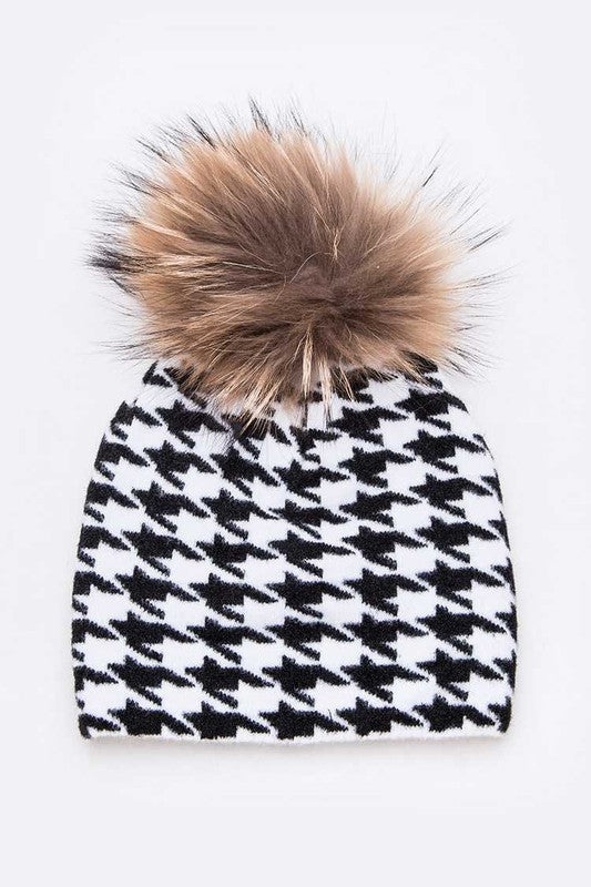 Women Mix Print Raccoon Fur Pom Iconic Beanie | Zarnesh