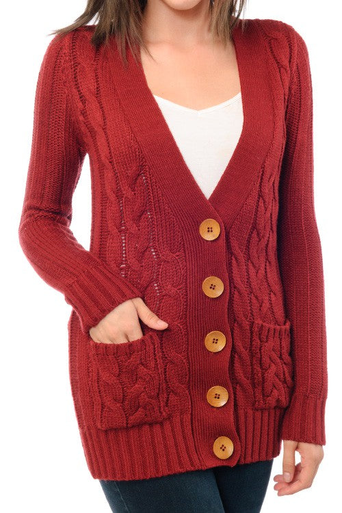 Women Cable Knitted Cardigan Sweater With Pockets | Zarnesh