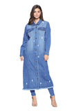 Women Denim Distressed Washed Relaxed Fit Longline Jackets Zarnesh