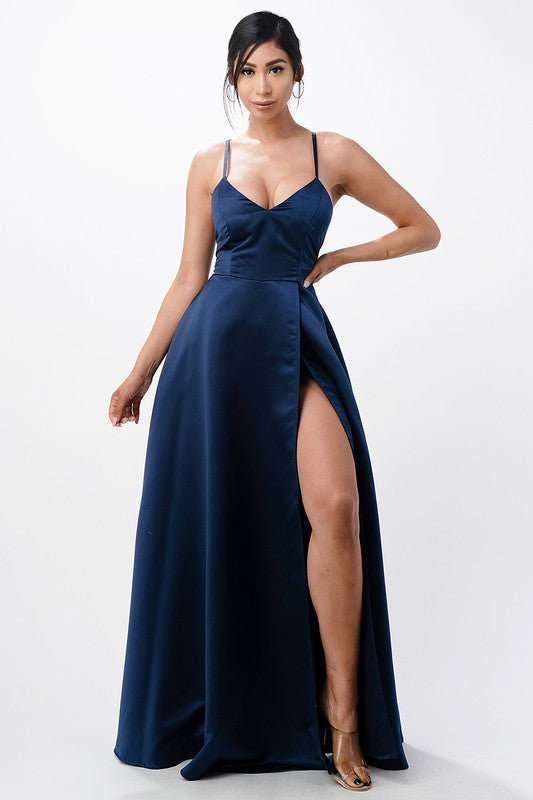 Women’s Open Side Back Spaghetti Zig Zag Tie Satin Gown | Zarnesh