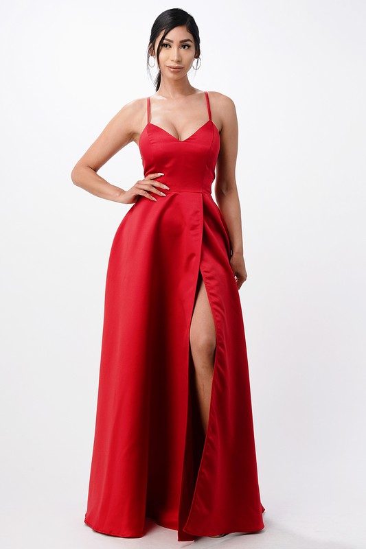 Women’s Open Side Back Spaghetti Zig Zag Tie Satin Gown | Zarnesh