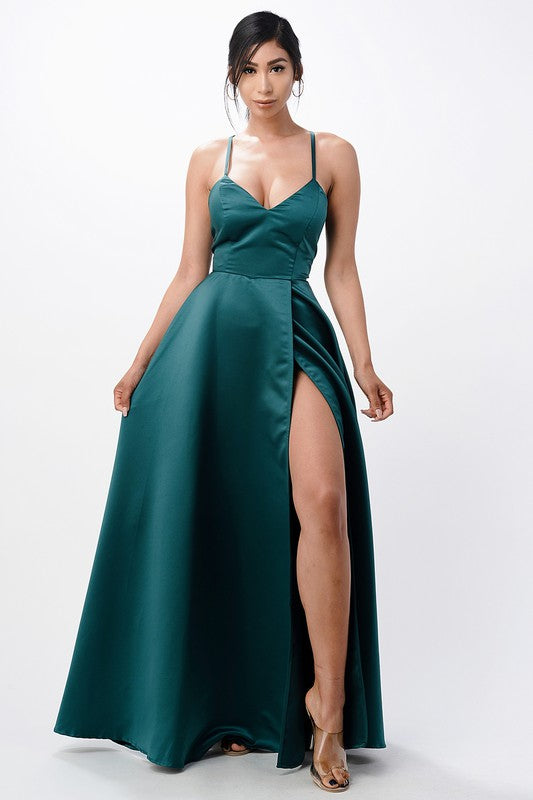 Women’s Open Side Back Spaghetti Zig Zag Tie Satin Gown | Zarnesh