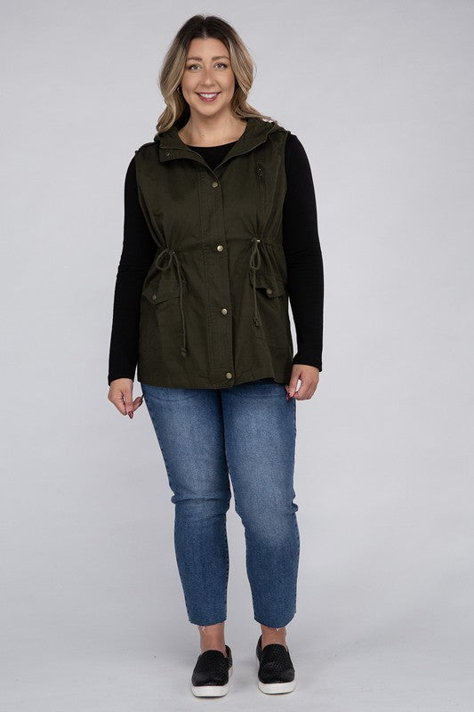 Women Plus Drawstring Waist Military Hoodie Vest | Zarnesh