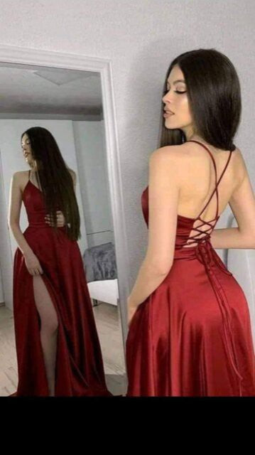 Women Open Side Lace Up Back Spaghetti Zig Zag Tie Satin Gown Zarnesh