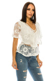 Women Floral Lace V Neck Tie Front Flutter Sleeves White Top Zarnesh