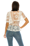 Women Floral Lace V Neck Tie Front Flutter Sleeves White Top Zarnesh