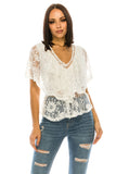 Women Floral Lace V Neck Tie Front Flutter Sleeves White Top Zarnesh