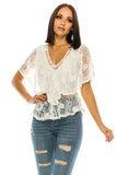 Women Floral Lace V Neck Tie Front Flutter Sleeves White Top Zarnesh