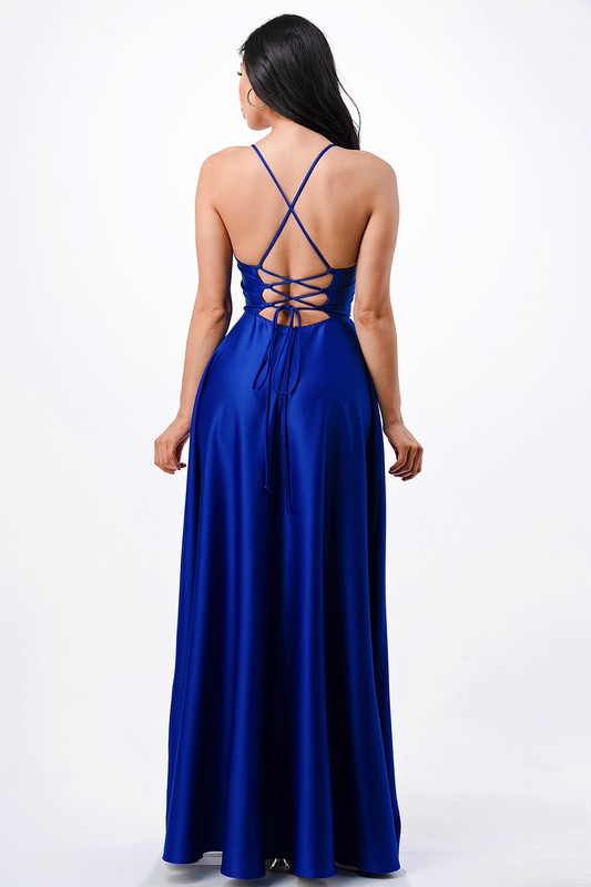 Women Open Side Lace Up Back Spaghetti Zig Zag Tie Satin Gown Zarnesh