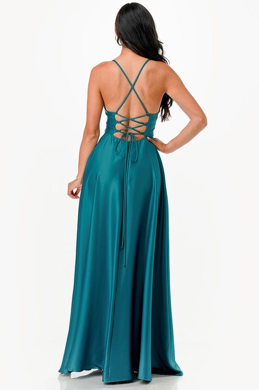 Women Open Side Lace Up Back Spaghetti Zig Zag Tie Satin Gown Zarnesh