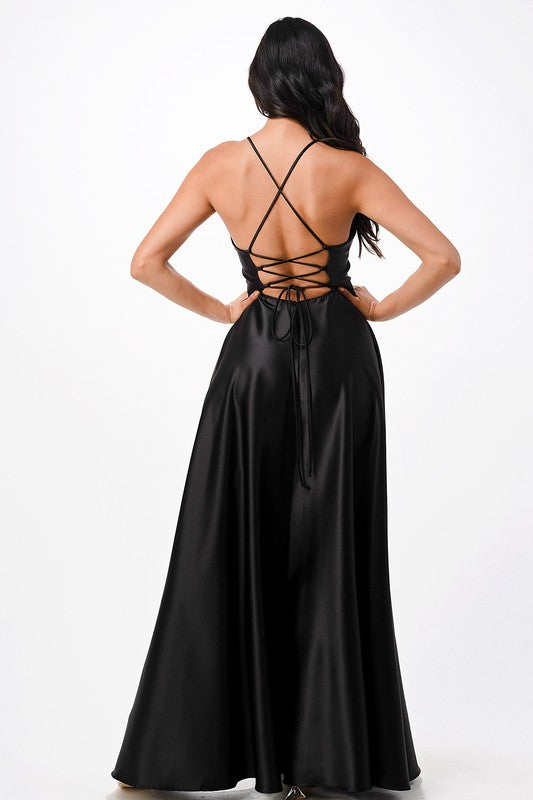 Women Open Side Lace Up Back Spaghetti Zig Zag Tie Satin Gown Zarnesh