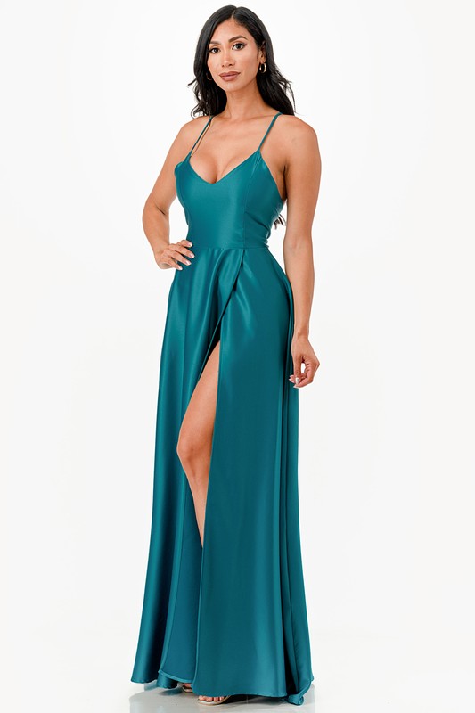 Women’s Open Side Back Spaghetti Zig Zag Tie Satin Gown | Zarnesh