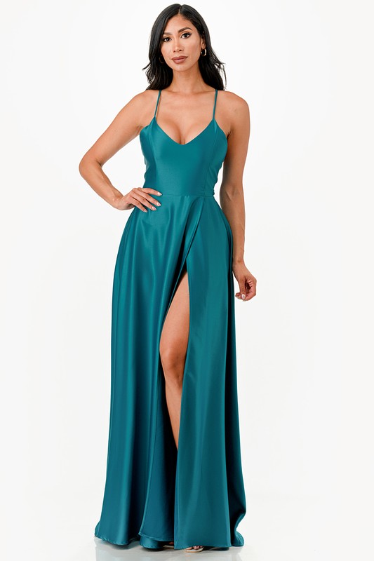 Women’s Open Side Back Spaghetti Zig Zag Tie Satin Gown | Zarnesh