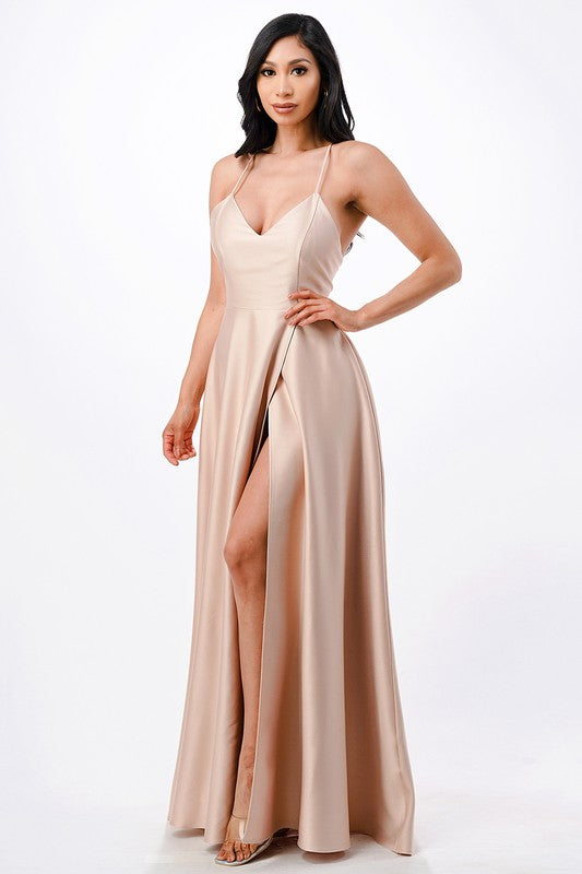 Women’s Open Side Back Spaghetti Zig Zag Tie Satin Gown | Zarnesh