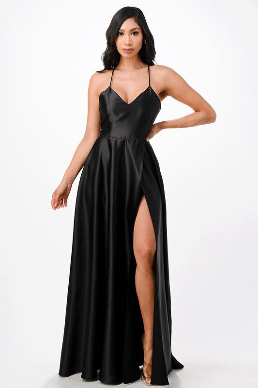 Women’s Open Side Back Spaghetti Zig Zag Tie Satin Gown | Zarnesh