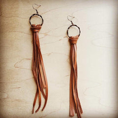 Rustic Elegance Deer Skin Leather Tassel Earring - Saddle Tan | Zarnesh