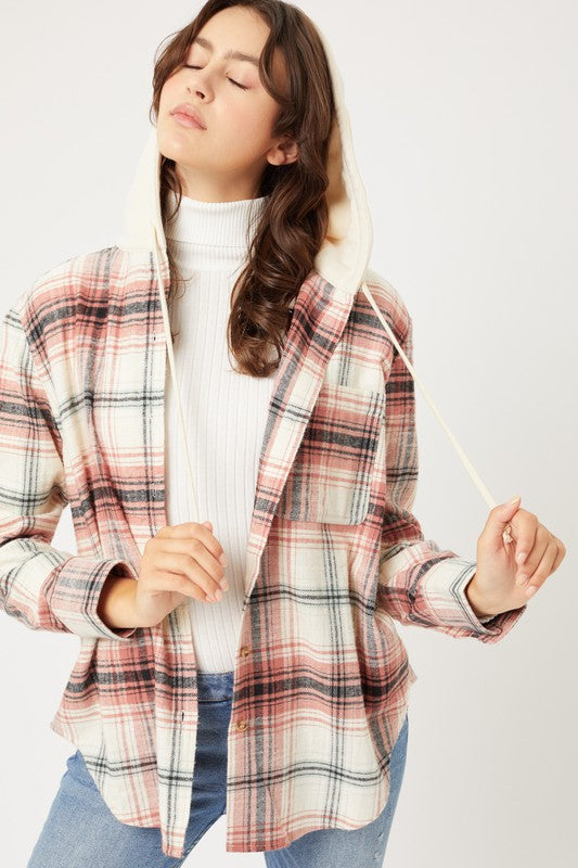 Women Plaid Flannel Button-Up Shacket with Hood | Zarnesh