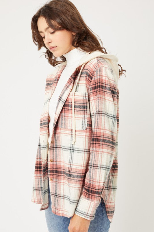 Women Plaid Flannel Button-Up Shacket with Hood | Zarnesh