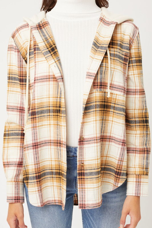 Women Plaid Flannel Button-Up Shacket with Hood | Zarnesh