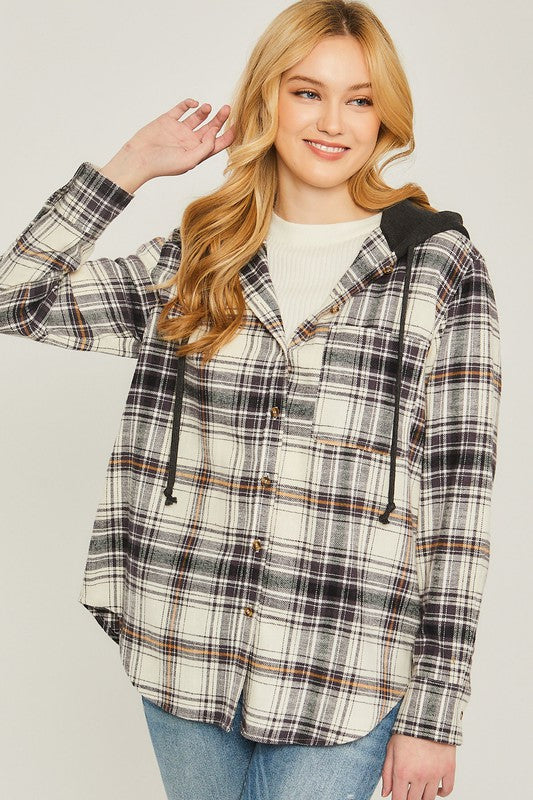 Women Plaid Flannel Button Up Shacket with Hood | Zarnesh