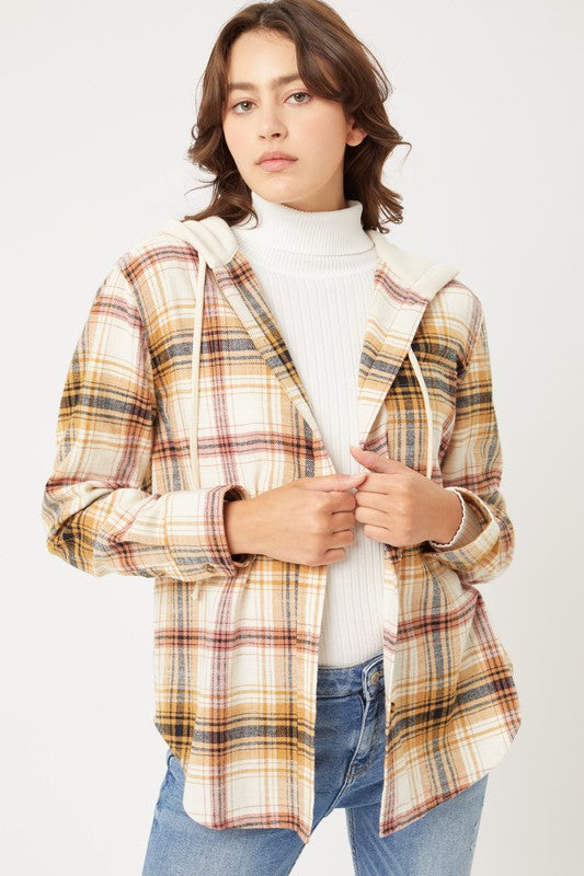 Women Plaid Flannel Button-Up Shacket with Hood | Zarnesh