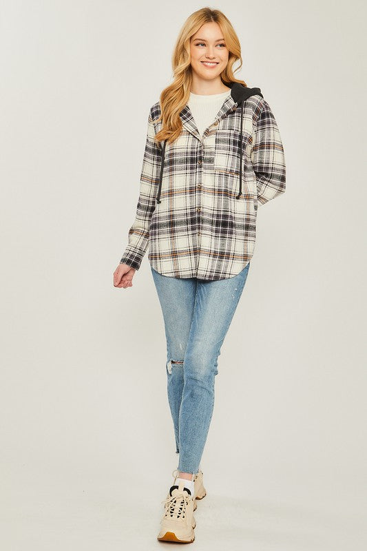 Women Plaid Flannel Button-Up Shacket with Hood | Zarnesh