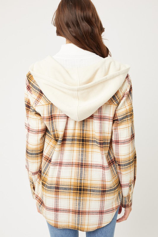 Women Plaid Flannel Button-Up Shacket with Hood | Zarnesh