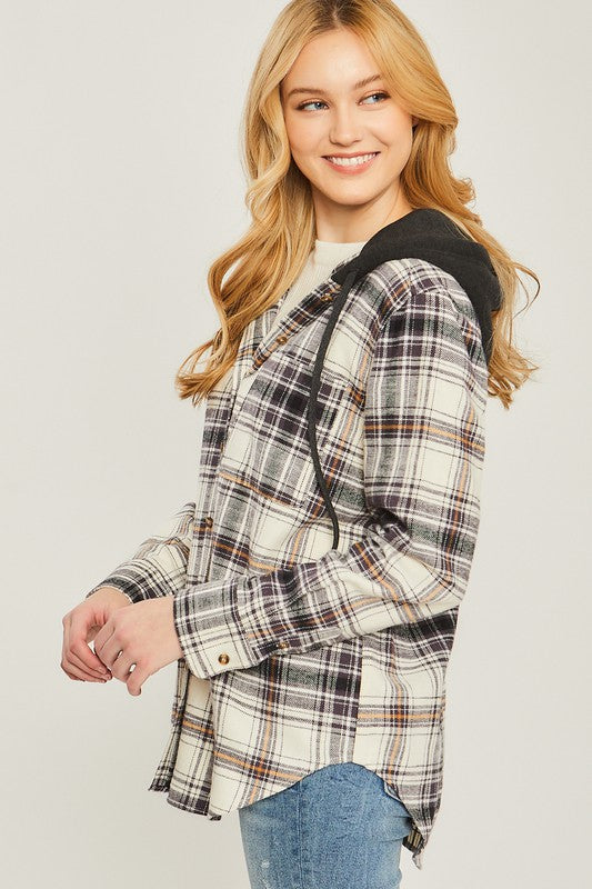 Women Plaid Flannel Button-Up Shacket with Hood | Zarnesh