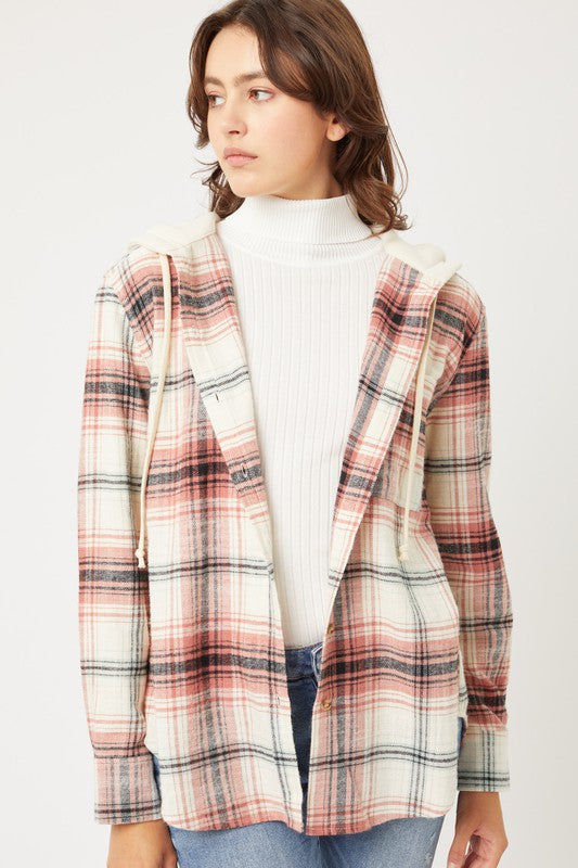 Women Plaid Flannel Button-Up Shacket with Hood | Zarnesh