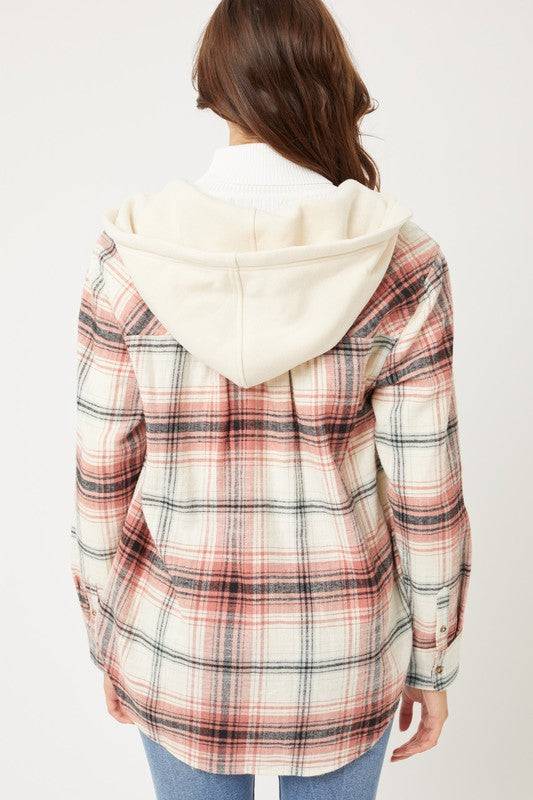 Women Plaid Flannel Button-Up Shacket with Hood | Zarnesh