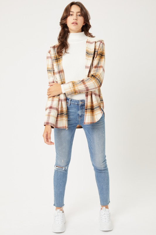 Women Plaid Flannel Button-Up Shacket with Hood | Zarnesh