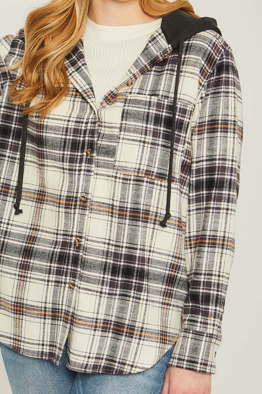 Women Plaid Flannel Button-Up Shacket with Hood | Zarnesh