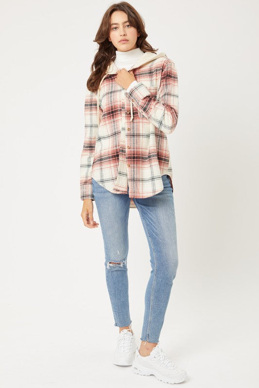 Women Plaid Flannel Button-Up Shacket with Hood | Zarnesh