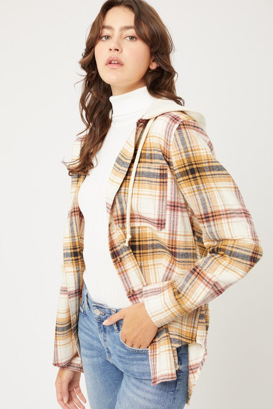 Women Plaid Flannel Button-Up Shacket with Hood | Zarnesh