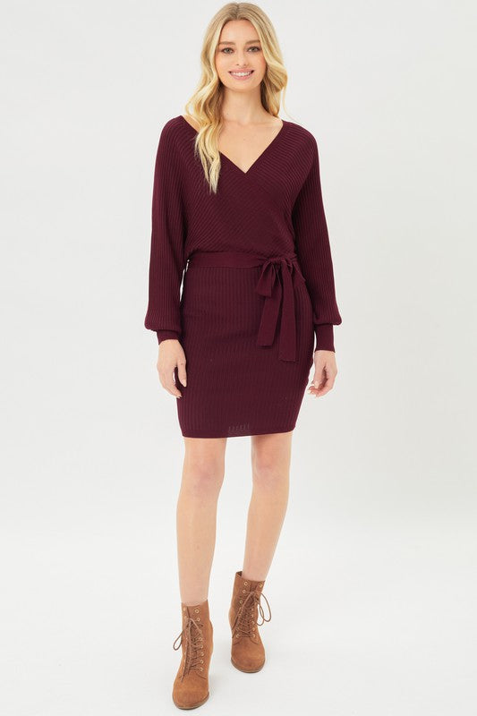 Women Off Shoulder Wrap Belted Ribbed Knit Dress | Zarnesh