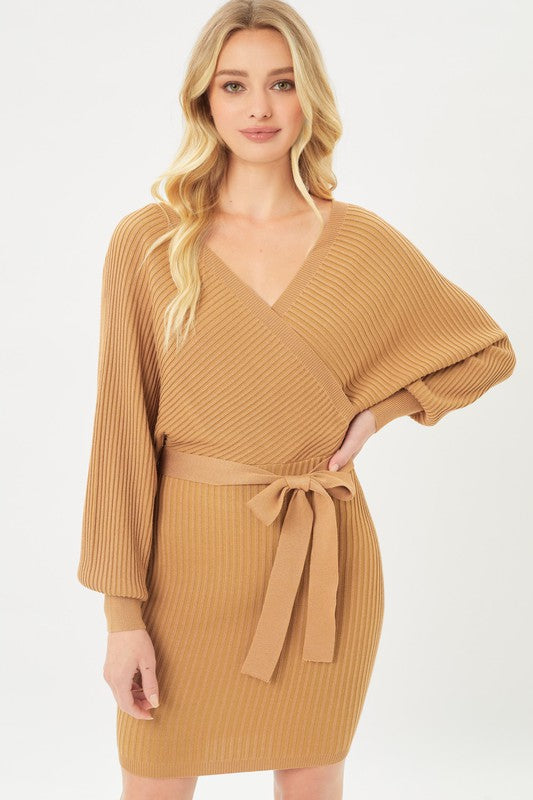 Women Off Shoulder Wrap Belted Ribbed Knit Dress | Zarnesh