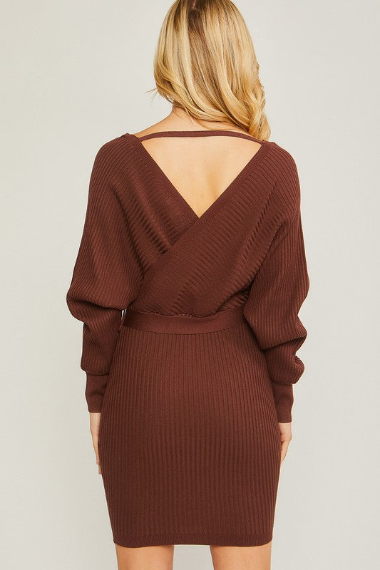 Women Off Shoulder Wrap Belted Ribbed Knit Dress | Zarnesh