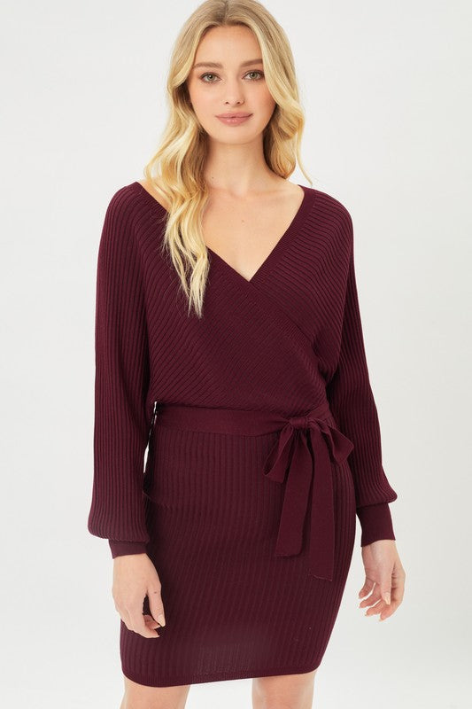 Women Off Shoulder Wrap Belted Ribbed Knit Dress | Zarnesh